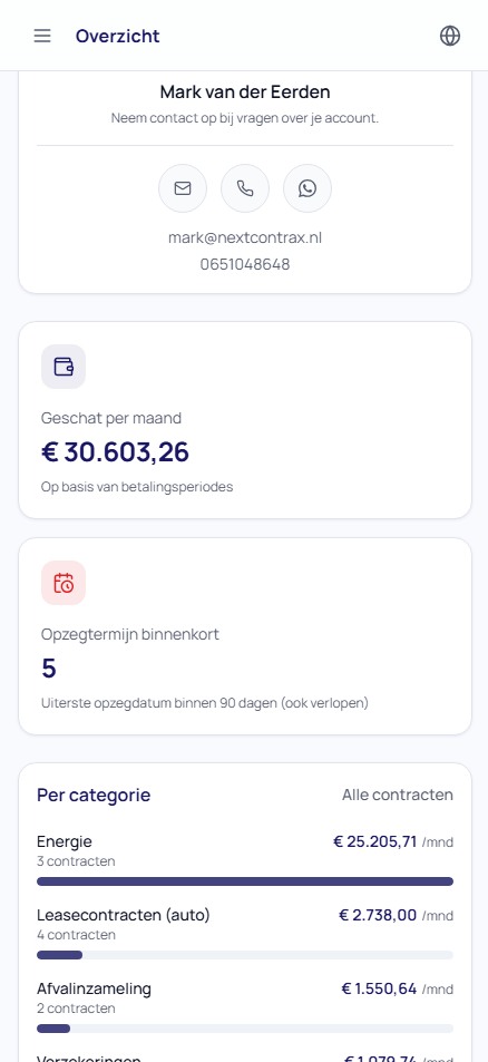 NextContrax dashboard overzicht op telefoon